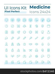 Medicine related pixel perfect gradient linear ui icons set. Healthcare. Hospital and clinic. Line contour user interface symbols. Modern style pictograms. Vector isolated outline illustrations. Medicine related pixel perfect gradient linear ui icons set