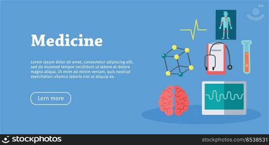 Medicine Science Banner. Health Care. Vector. Medicine science banner. Medical flasks and bottles, medicinal substances, preparations, devices, equipment elements. Scientific treatment concept. Health care. Vector illustration in flat style