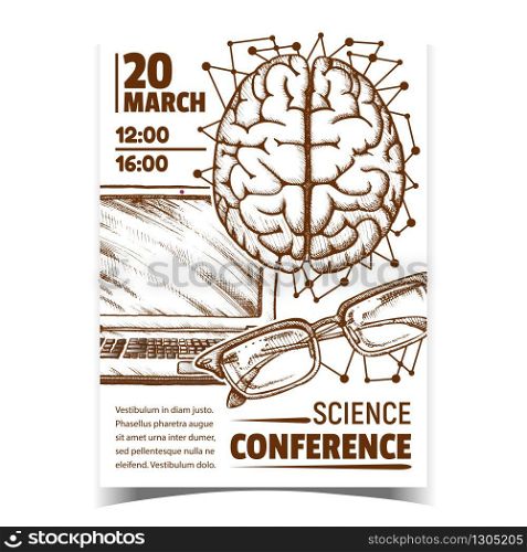 Medicine Science Conference Promo Poster Vector. Human Head Organ Brain Top View, Glasses Spectacles And Laptop Doctor Speaker Anatomy Lessons Tools. Designed In Retro Style Monochrome Illustration. Medicine Science Conference Promo Poster Vector