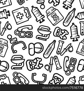 Medicine seamless pattern with outline silhouettes of pills and capsules, stethoscopes and blood test tubes, syringes and thermometers, first aid kits and pipettes, poison bottles with skull and crossbones, symbols of pharmacy with bowl and snake. Medicine and healthcare seamless pattern