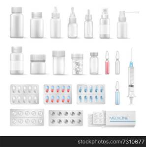 Medicine set of different flacons colorful banner, medicine syringe and ampoules, varied shape tablets, vector illustration isolated on white backdrop. Medicine Set of Different Flacons, Colorful Banner