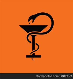 Medicine sign with snake and glass icon. Orange background with black. Vector illustration.