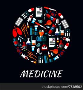 Medicine symbols infographic poster. Vector icons of health care equipment and medications drop counter, syringe, scalpel, nurse, dropper, pill, x-ray, stethoscope, ambulance, blood capsule ointment. Medicine symbols background with icons