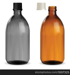 Medicine syrup bottle. Pharmaceutical brown, black glass container vector template. Pharmacy drug cure screw bottle. Realistic glossy glass vitamin medicament vial. 3d transparent mockup, isolated. Medicine syrup bottle. Pharmaceutical brown glass