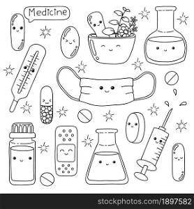 Medicine theme. Coloring book page for kids. Cartoon style character. Vector illustration isolated on white background.