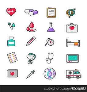 Medicine thin, lines, outline icons. Items for medical care, medicines, tools, results of the survey, badges on white background. For web and mobile applications. Flat thin line icons modern style