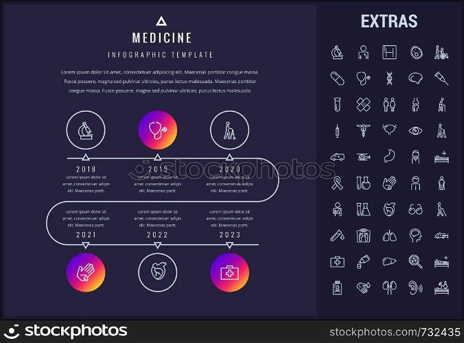 Medicine timeline infographic template, elements and icons. Infograph includes line icon set with medical stethoscope, disabled person, hospital doctor, first aid kit, healthcare professionals etc.. Medicine infographic template, elements and icons.