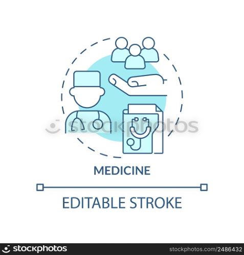 Medicine turquoise concept icon. Diagnose and prevent illness. Social institution abstract idea thin line illustration. Isolated outline drawing. Editable stroke. Arial, Myriad Pro-Bold fonts used. Medicine turquoise concept icon