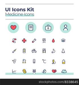 Medicine UI icons kit. Health care color vector symbols set. Doctor consultation. Medical treatment mobile app buttons in blue circles pack. Web design elements collection. Medicine UI icons kit