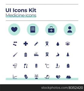 Medicine UI icons kit. Health care glyph vector symbols set. Doctor consultation. Medical treatment mobile app buttons in blue circles pack. Web design elements collection. Medicine UI icons kit