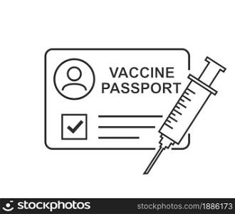 Medicine vaccine passport icon. Vaccinated against the corona virus. Covid-19 vaccination certificate with check mark. Medical card for health care. Vector illustration.. Medicine vaccine passport icon. Vaccinated against the corona virus.