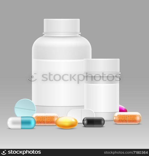 Medicine vector illustration with realistic plastic bottles for pills and drugs, vitamins, pills. Plastic bottle and vitamin, medicine blank container for medicament. Medicine vector illustration with realistic plastic bottles for pills and drugs, vitamins, pills