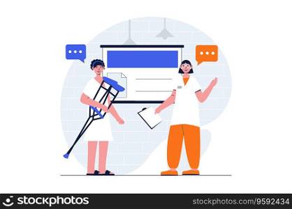 Medicine web concept with character scene. Patient with crutch gets rehabilitation and consults with doctor. People situation in flat design. Vector illustration for social media marketing material.
