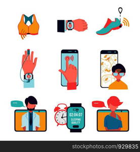 Medicine with computer technologies. Vector healthcare icons set isolate. Run sport, online consultation, time and pulsometer, tracker for personal training. Medicine with computer technologies. Vector healthcare icons set isolate