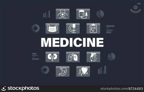 Medicine word concept design template with icons. Infographics with text and editable white glyph pictograms. Vector illustration for web banner, presentation. Montserrat font used. Medicine word concept design template with icons