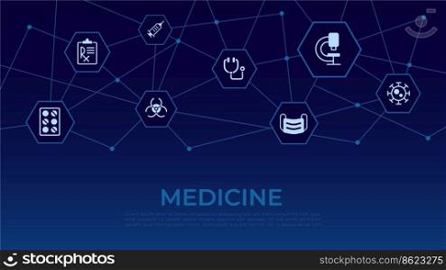 Medicine word concept design template with icons. Treatment, disease. Infographics with text and editable white glyph pictograms. Vector illustration for web banner, presentation. Montserrat font used. Medicine word concept design template with icons