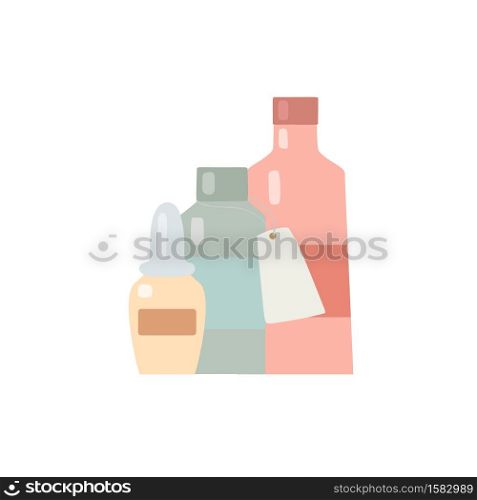 Medicines and balms. Flat illustration of bottles with elixirs and labels. Prescription medicine. Vector glass bottles on a white background for your design.. Medicines and balms. Flat illustration of bottles with elixirs and labels. Prescription medicine. Vector glass bottles