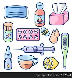 Medicines and medical objects set. Treatment of cold and flu. Medicines and medical objects set. Treatment of cold and flu.