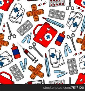Medicines and medical supplies background with colored sketched seamless pattern of pills, syringes, first aid kits, drug ampoules, plasters, roller bandages, scissors and bottles of antiseptic. Medicines and medical supplies seamless pattern