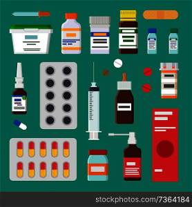 Medicines collection isolated on green backdrop, remedies for treatment and healthcare, pills set in various tablets vector illustration, spray bottle. Medicines Collection Isolated on Green Backdrop