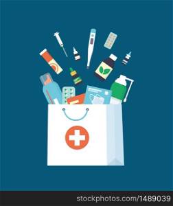 Medicines, drugs, pills and bottles falling down into paper shopping bag. Home delivery pharmacy service. Vector illustration in flat style on white background. Medicines, drugs, pills and bottles falling down into paper shopping bag. Home delivery pharmacy service.