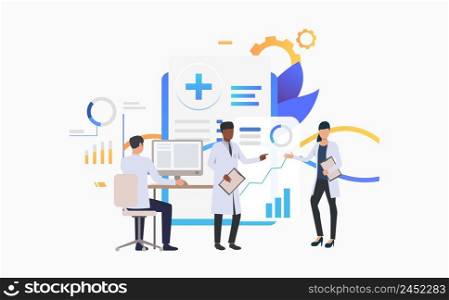 Medics working over charts vector illustration. Medical research, medical development, modern clinic. Healthcare concept. Creative design for layouts, web pages, banners