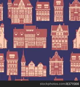 Medieaval Old city seamless pattern, flat style. Autumn landscape city architecture. Wrapping paper, wallpaper background. Medieaval Old city seamless pattern, flat style. Autumn landscape city architecture