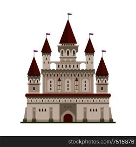 Medieval ancient castle icon of light gray stone fortified residence of king or lord with high keep, surrounded by watch walls and guardian towers, topped with waving flags. Children book, architecture symbol, mascot design usage . Medieval fortified castle of king or lord symbol