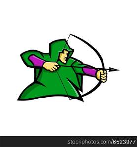 Medieval Archer Mascot. Mascot icon illustration of a medieval archer like Robin Hood, shooting a bow and arrow wearing a green hood viewed from side on isolated background in retro style.. Medieval Archer Mascot