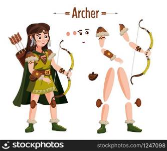 Medieval archer woman in armor, with bow in hand, cloak, attributes. For animation in games, applications. Medieval archer woman in armor, with bow in hand, cloak, attributes. For animation in games, applications. Vector, illustration, cartoon style, isolated
