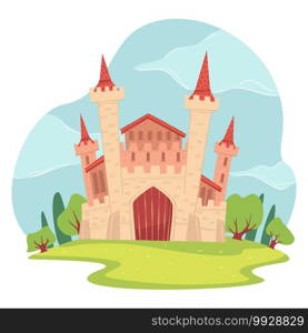 Medieval architecture and wonderland castle, fantasy or fairy tale structure. Sightseeing or heritage of old country. Kingdom or enchanted dwelling of prince and princess. Vector in flat style. Fairy tale castle or medieval fortress sights