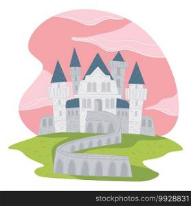 Medieval architecture with pink clouds, isolated fairy tale castle or fortress with towers. Mysterious dwelling or kingdom of queen and king. Mansion in wonderland. Vector in flat style illustration. Fantasy castle, medieval architecture or fairy tale