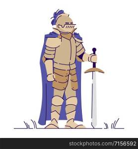 Medieval armed knight flat vector illustration. Old time warrior isolated cartoon character with outline elements on white background. Courageous middle age hero. Legendary personage