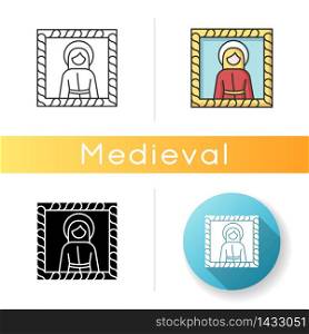Medieval art style icon. European cultural movement. Religious painting. Saint portrait artwork. Christian iconography. Linear black and RGB color styles. Isolated vector illustrations. Medieval art style icon