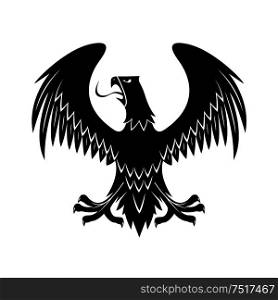 Medieval black eagle heraldic icon for royal coat of arms or knight insignia design usage with proud bird of prey with open beak, extended legs and wings. Black eagle with extended wings heraldic icon
