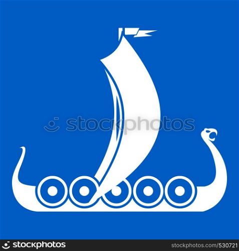 Medieval boat icon white isolated on blue background vector illustration. Medieval boat icon white