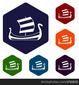 Medieval boat icons set rhombus in different colors isolated on white background. Medieval boat icons set