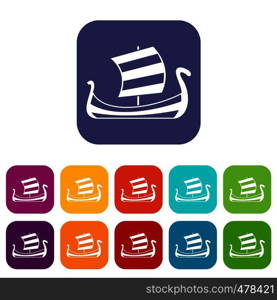 Medieval boat icons set vector illustration in flat style in colors red, blue, green, and other. Medieval boat icons set