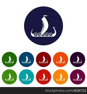 Medieval boat set icons in different colors isolated on white background. Medieval boat set icons
