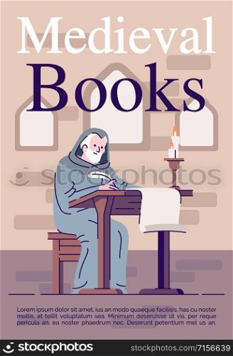 Medieval books brochure template. Middle Age literature flyer, booklet, leaflet concept with flat illustrations. Vector page cartoon layout for magazine. Advertising invitation with text space