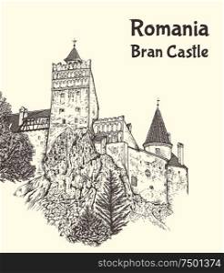 "Medieval Bran Castle in Transylvania, Romania, known as "Dracula&rsquo;s Castle". Hand drawn vector illustration"