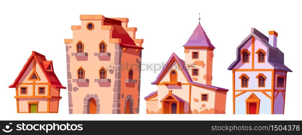 Medieval buildings, house town architecture. Dwelling construction antique cottages with stone walls and wooden roofs front view isolated on white background. Housing exterior, cartoon vector set. Medieval buildings, house town architecture set
