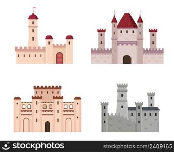 Medieval buildings. Isolated cartoon knight fortress and castles. Historic architecture, towers and and gates for military protection. Old palace, ancient stronghold isolated vector set. Medieval buildings. Isolated cartoon knight fortress and castles. Historic architecture, towers and and gates