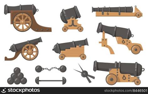 Medieval cannons with cannonballs flat illustration set. Cartoon metal and wooden weapon for old ships and firing battle isolated vector illustration collection. History, destruction and war concept