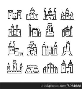 Medieval castle and ancient tower fortress line vector icons. Building fortress with tower, medieval historical architecture illustration. Medieval castle and ancient tower fortress line vector icons