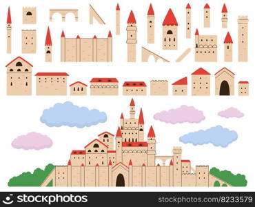 Medieval castle constructor. Castles roof tower, roman monument. Ancient bastion or fortress exterior elements. Decent history architecture vector set of castle kingdom building illustration. Medieval castle constructor. Castles roof tower, roman monument. Ancient bastion or fortress exterior elements. Decent history architecture vector set