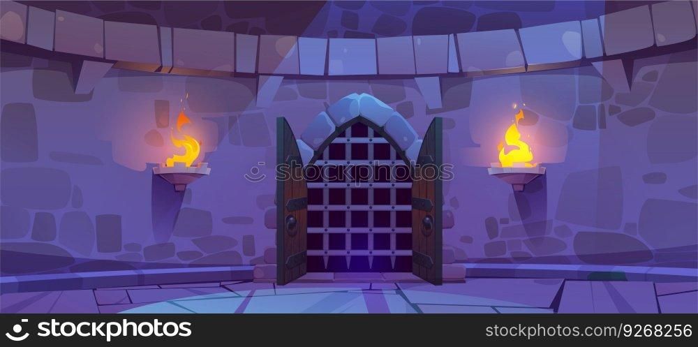 Medieval castle dungeon stone wall game cartoon vector background. Dark ancient underground magic cave with prison gate and window with falling moonlight. Jail in kingdom basement with doorway. Medieval castle dungeon wall game cartoon vector
