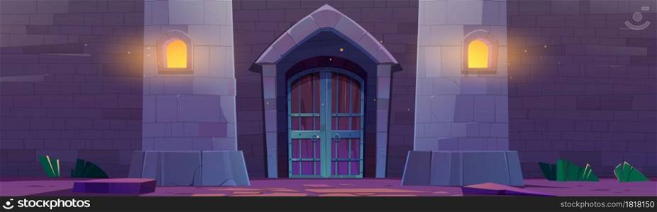 Medieval castle gate at night, palace entry exterior arched door, fortress towers and light in vents. Architecture wall of stone bricks, fairytale dungeon building facade, Cartoon vector illustration. Medieval castle gate at night, palace exterior