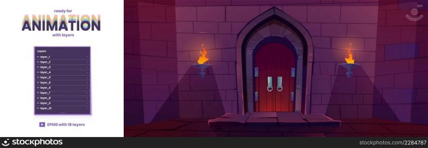 Medieval castle gate at night parallax background with 2d separated layers ready for game animation. Palace or fortress entry exterior with arched door and burning torches, Cartoon vector illustration. Medieval castle gate at night parallax background