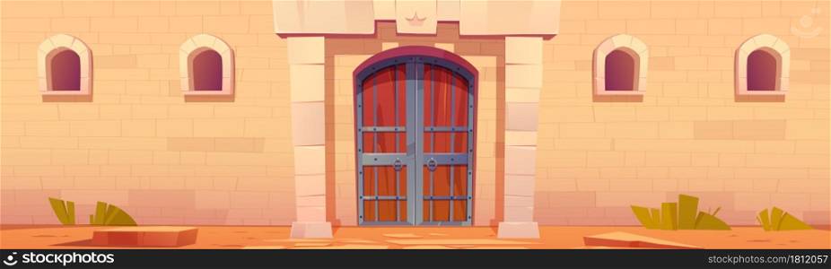 Medieval castle gate, fairy tale palace exterior. Wooden arched door with metal grate forgery and ring knobs at wall of stone bricks with vents. Fortress building facade, Cartoon vector illustration. Medieval castle gate, fairy tale palace exterior